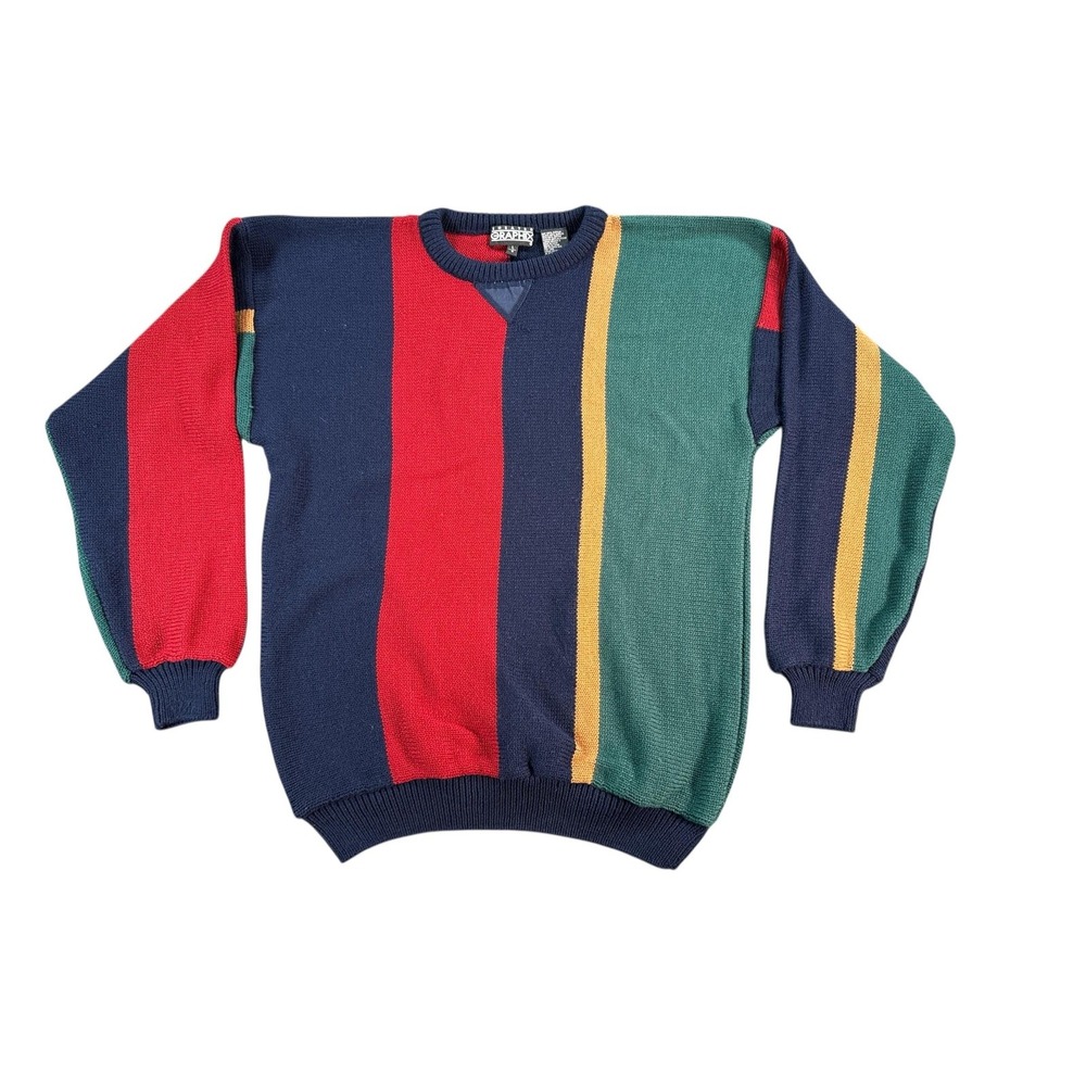 Graphix Sweater Mens Large Navy Red Green Colorblock Vertical Stripe Crewneck